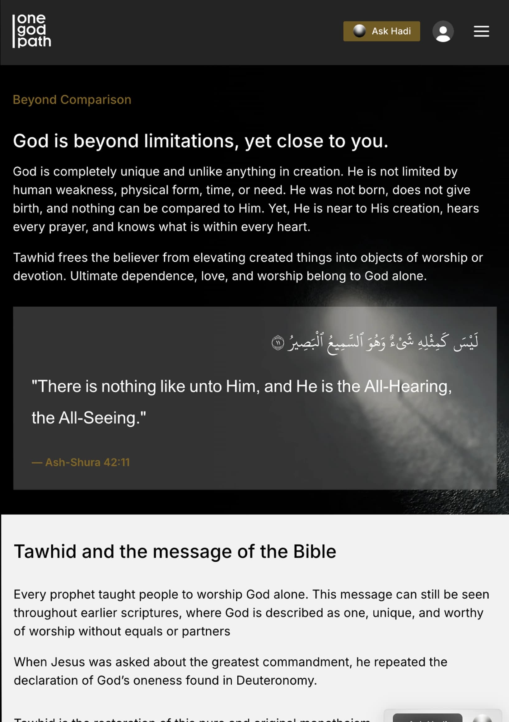 An article screen headed Beyond Comparison, reading God is beyond limitations, yet close to you.