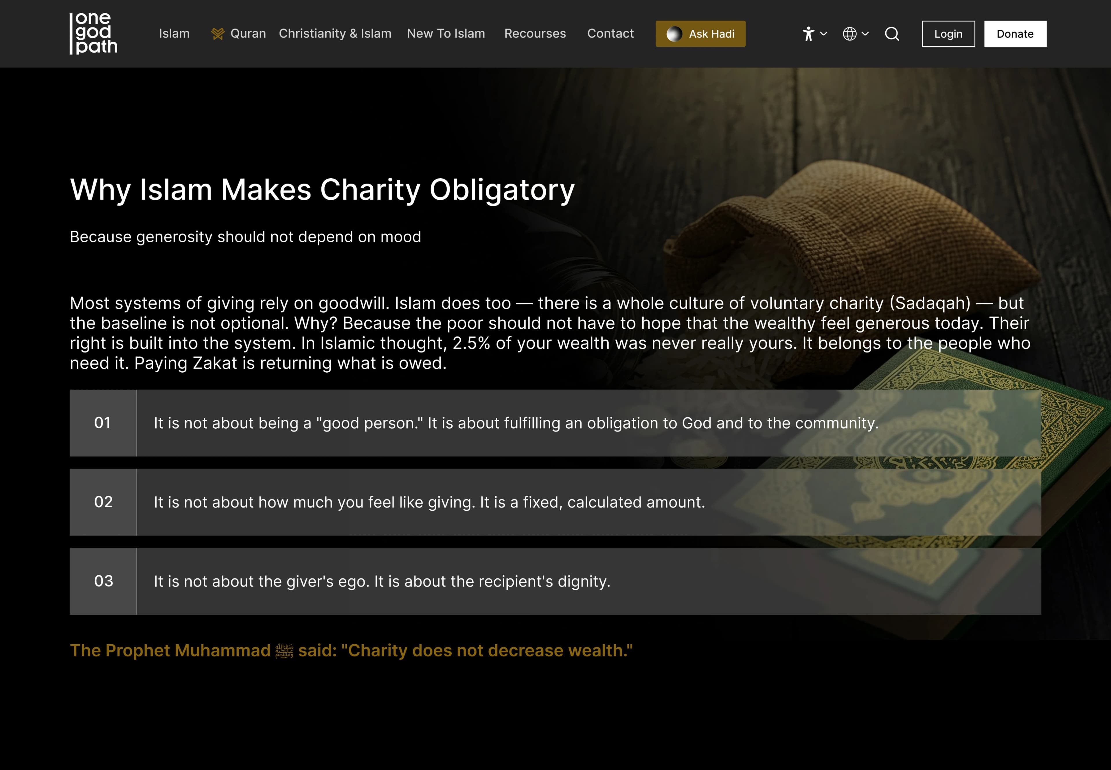An article screen headed Why Islam Makes Charity Obligatory.