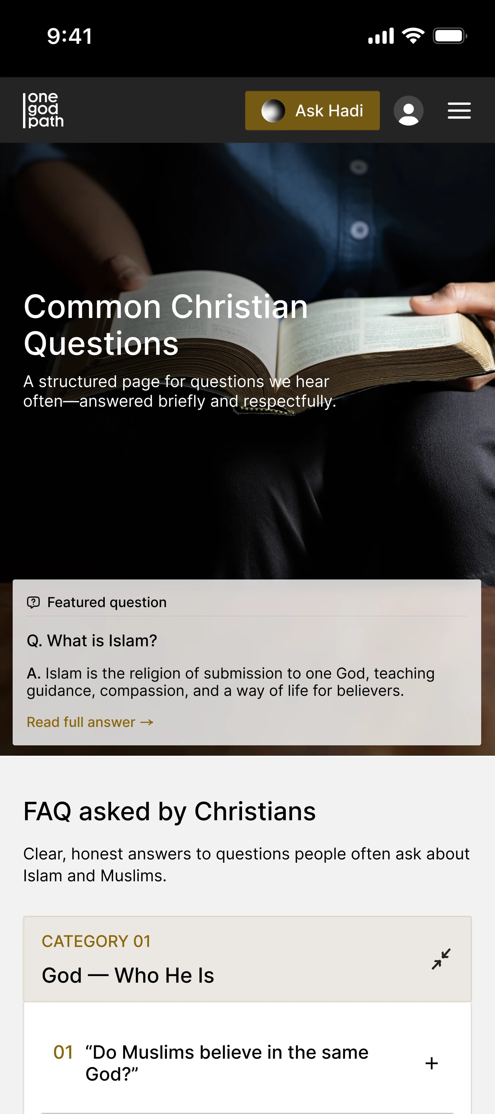 An article screen headed Common Christian Questions, an FAQ asked by Christians.