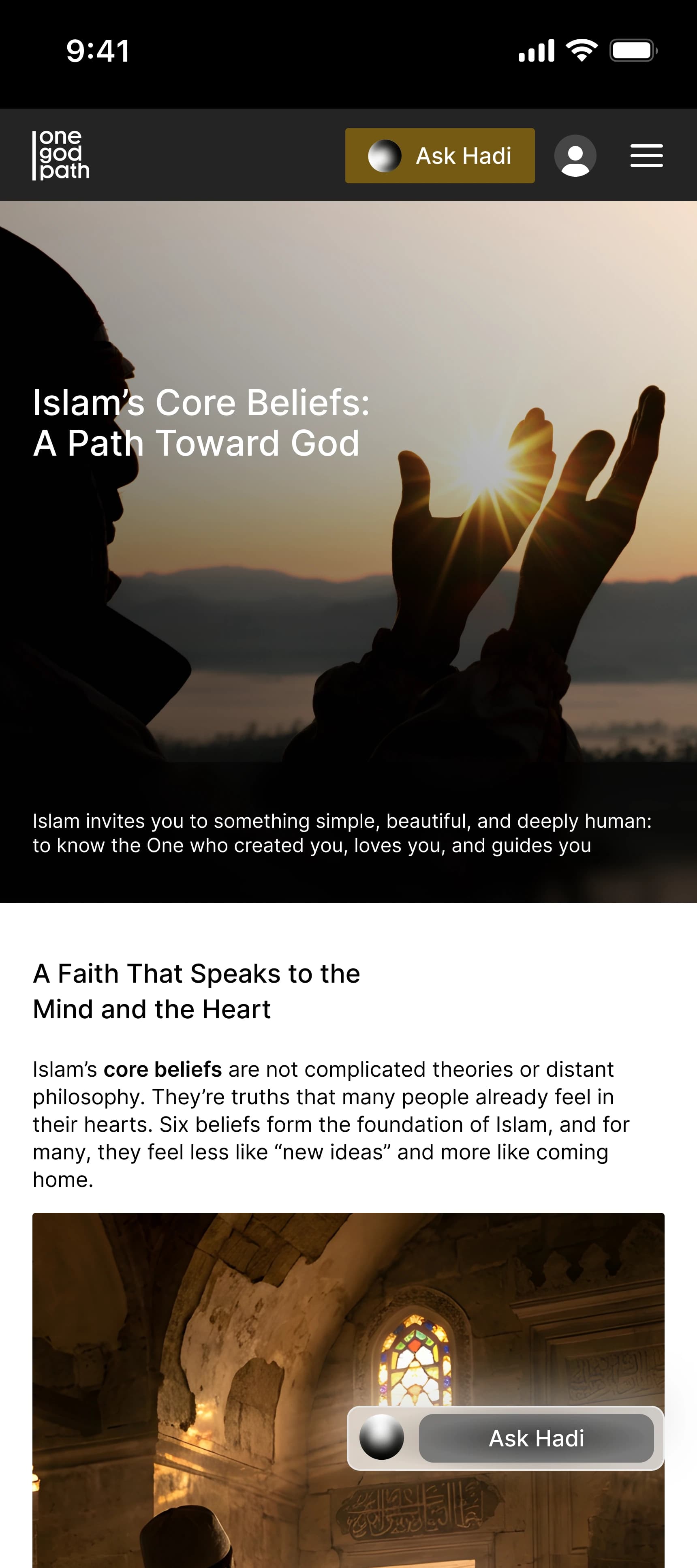 An article screen headed Islam's Core Beliefs: A Path Toward God.