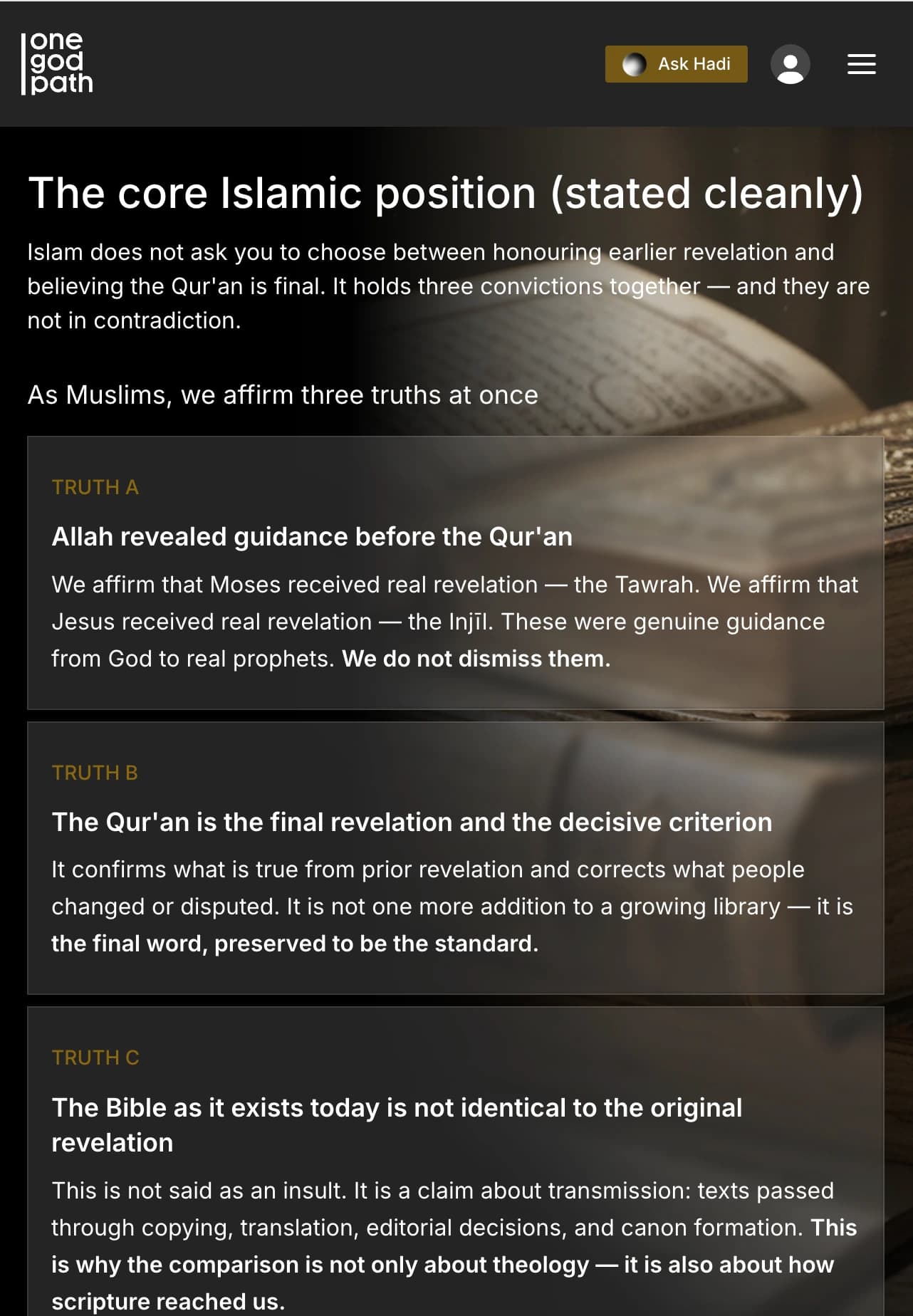 An article screen setting out the core Islamic position, with a section on Tawhid and the message of the Bible.