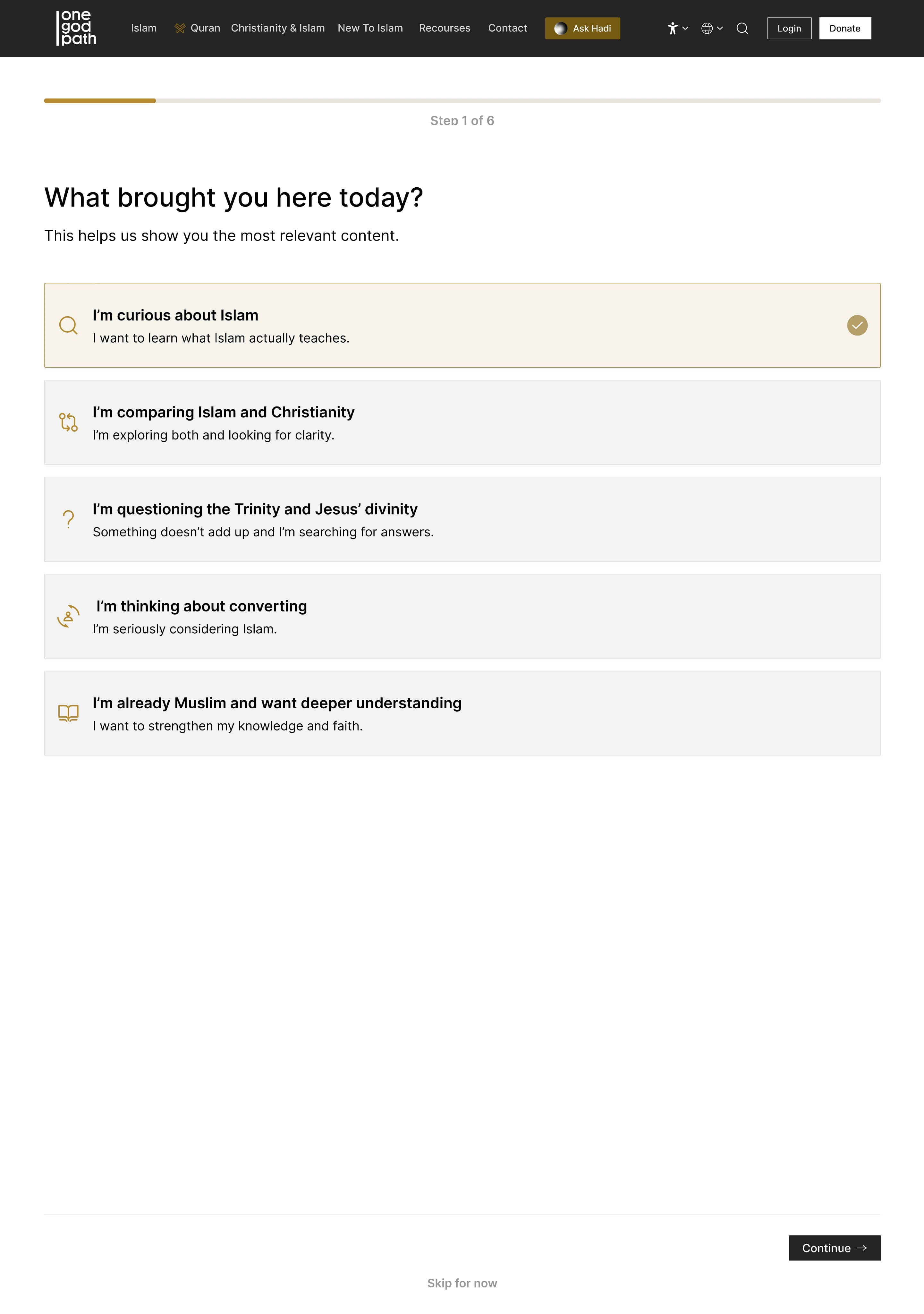 An onboarding screen asking What brought you here today? with a checklist that includes I'm curious about Islam.