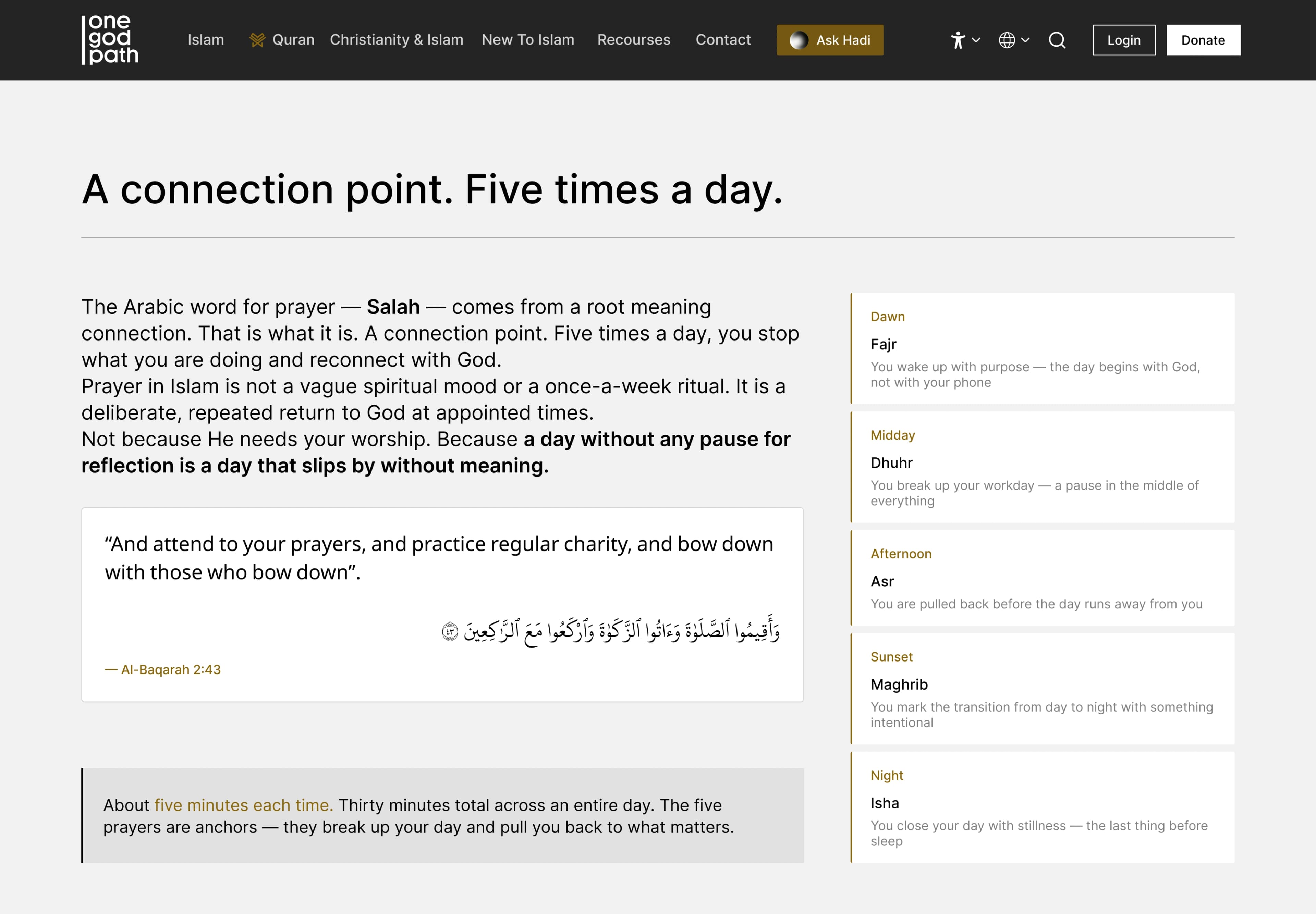 An article screen headed A connection point. Five times a day.