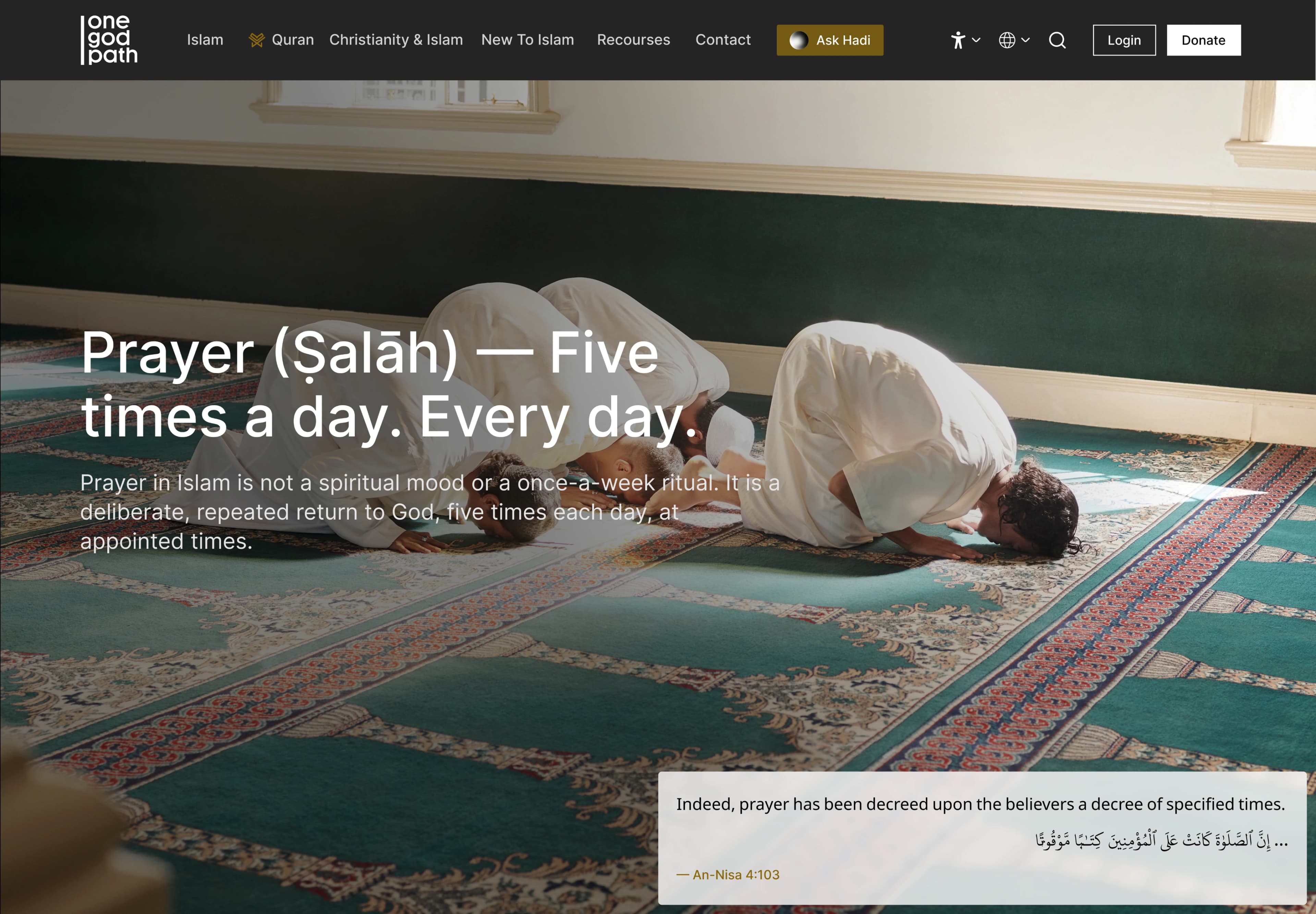 A daily prayer-times screen headed Prayer (Salah), five times a day, every day.