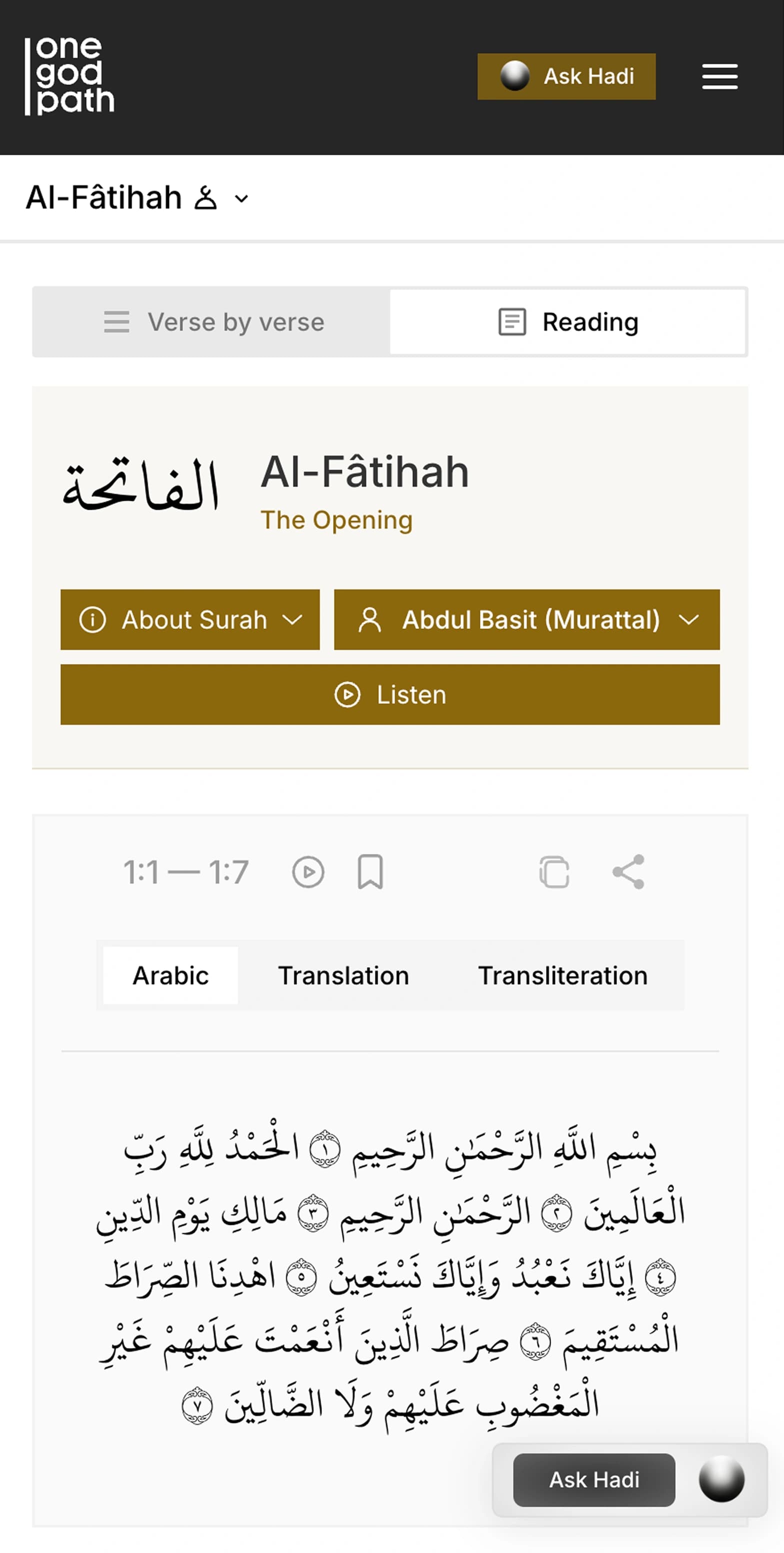 The Al-Fatihah reader on a phone in Reading mode: verses 1:1 to 1:7 set as one continuous Arabic block behind Arabic, Translation and Transliteration tabs, with a floating Ask Hadi pill.