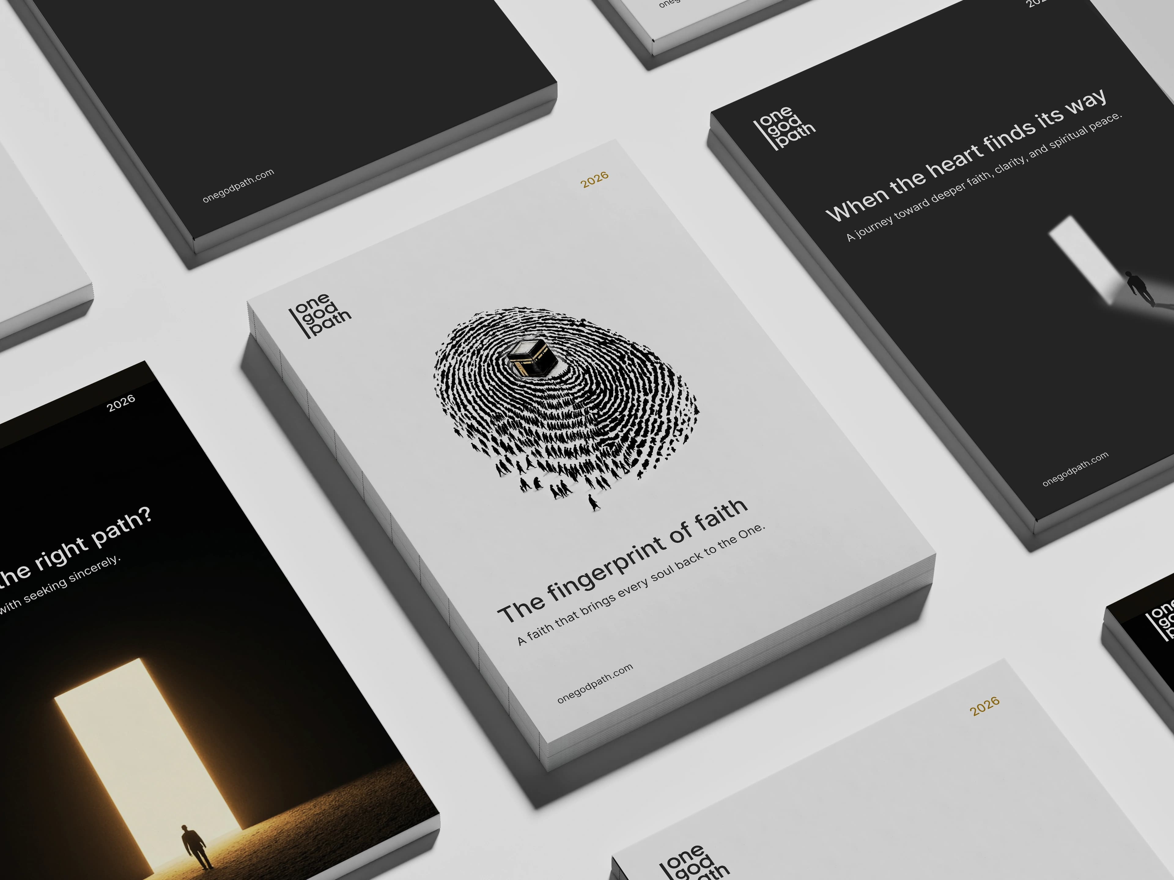 An isometric grid of stacked booklet covers in black and off-white, the central cover reading The fingerprint of faith above a fingerprint drawn from tiny human silhouettes circling the Kaaba.