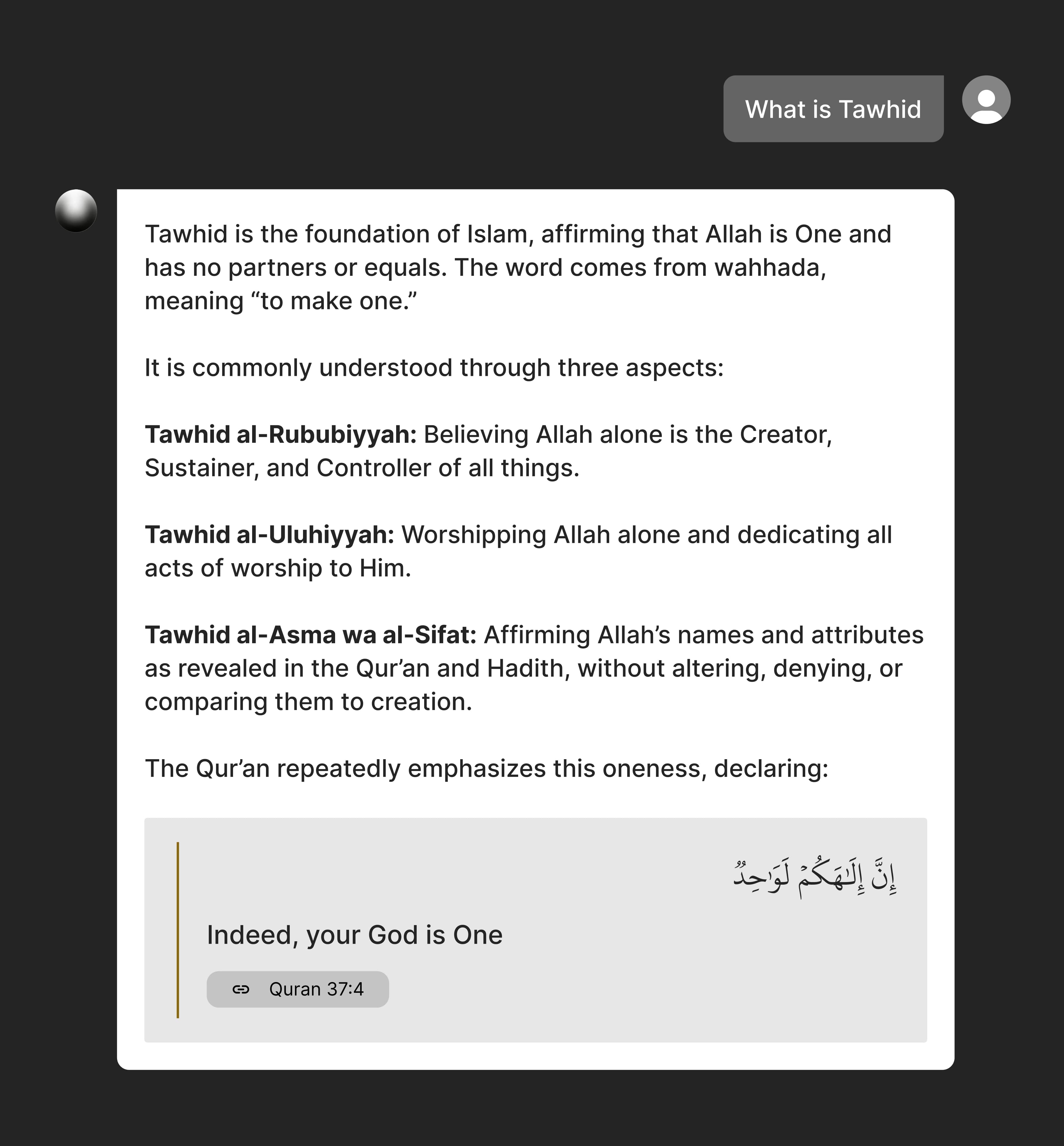 A dark panel showing the question What is Tawhid and Hadi's structured answer, ending in a Qur'an 37:4 citation card.
