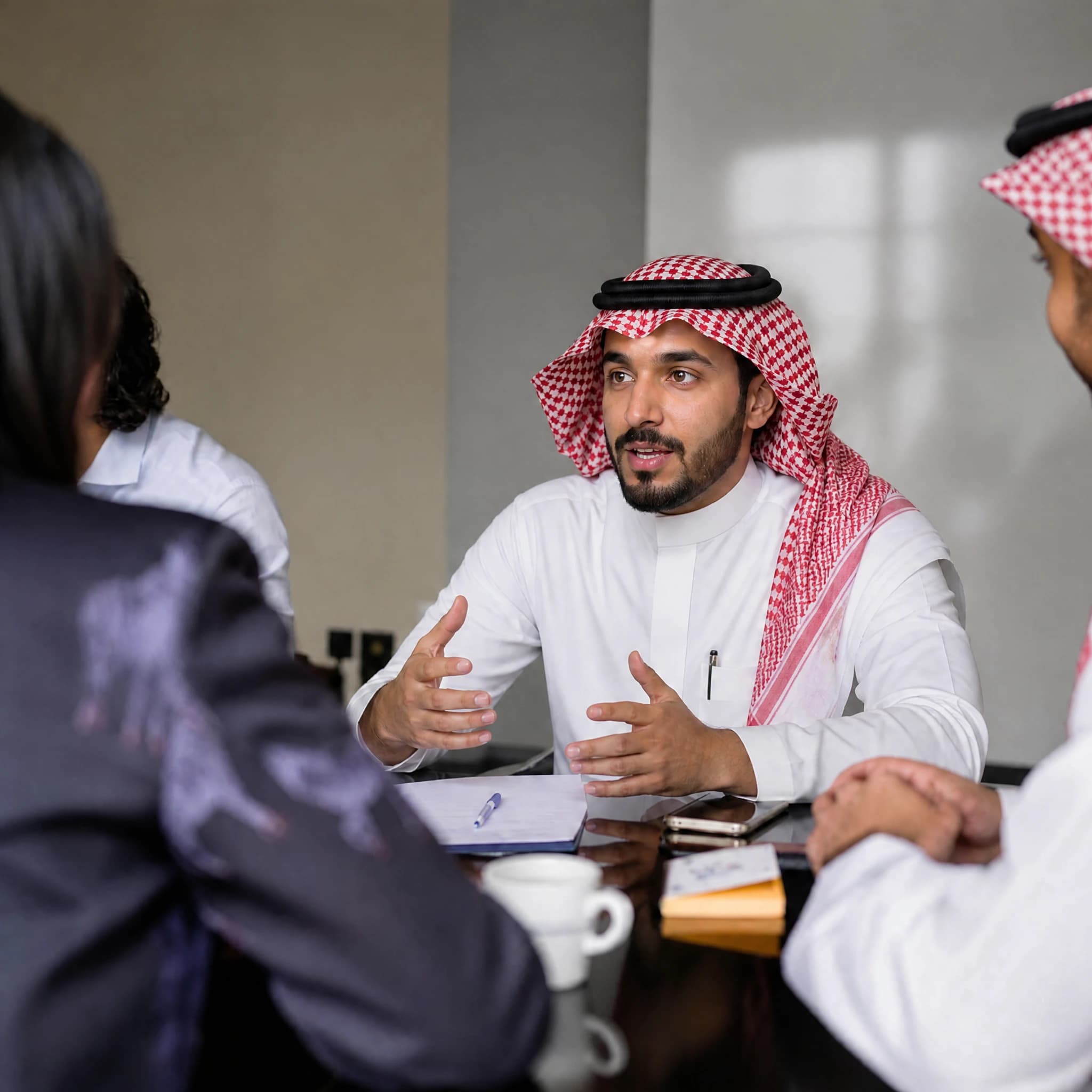 A seated meeting in a bright office where a man in a white thobe and a red and white checked ghutra speaks with both hands raised, a colleague in the foreground facing away from the camera and a third person behind, with a notebook, pen, phone, mug and folder on the table.