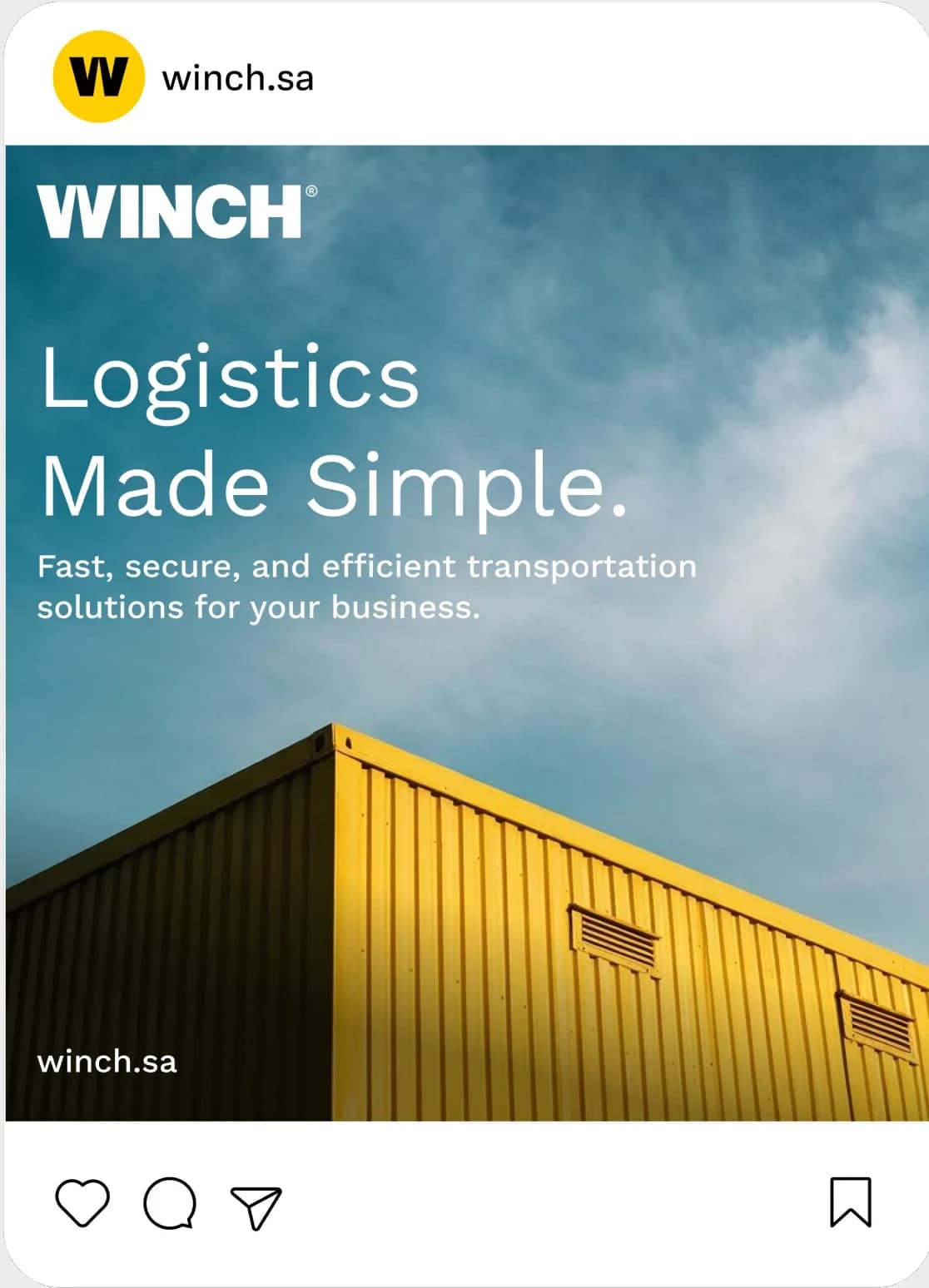 A winch.sa Instagram post headed Logistics Made Simple. over a yellow corrugated warehouse roof under a teal sky.