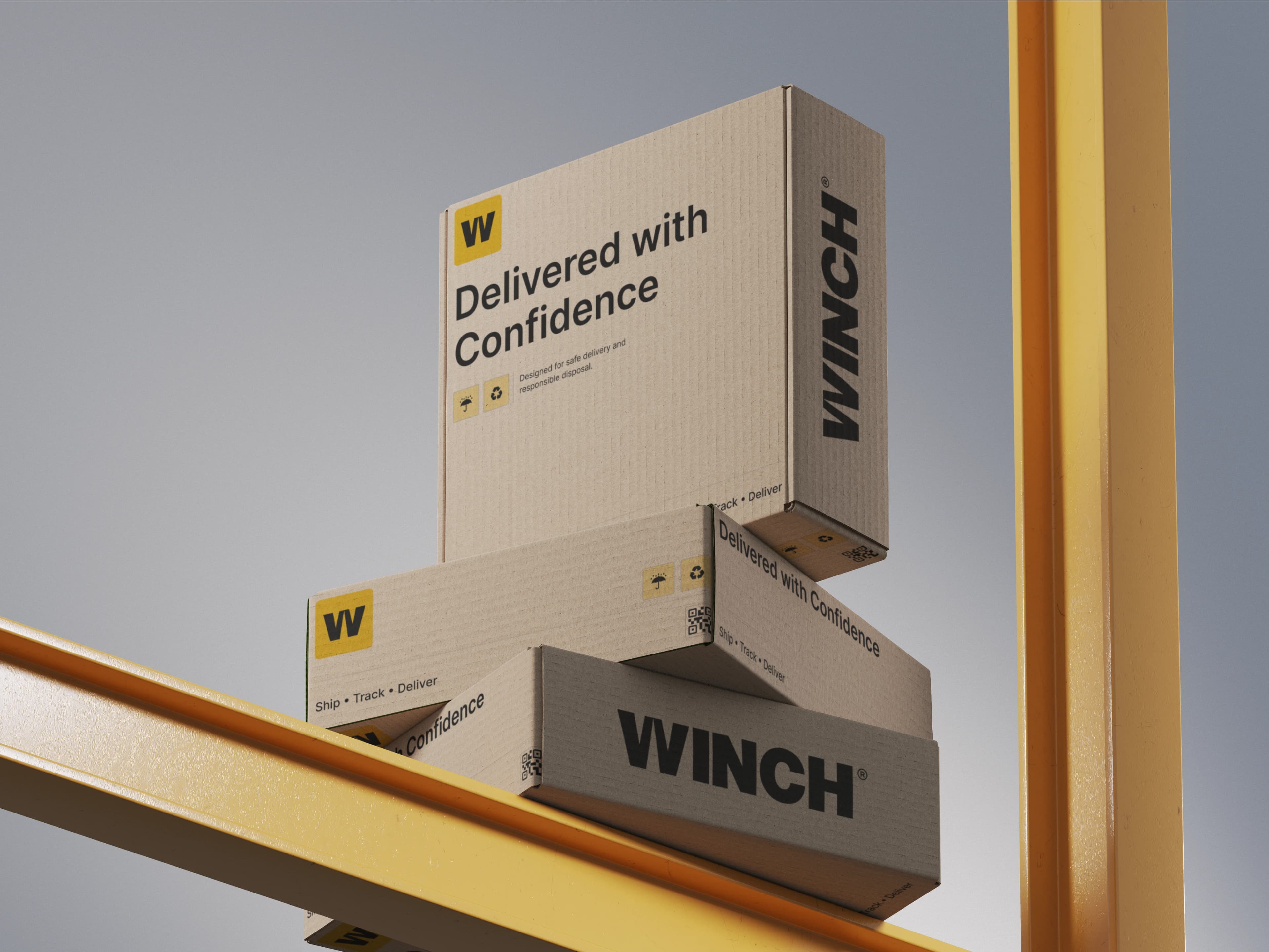 Three stacked kraft cartons printed with yellow W marks, black WINCH wordmarks and the line Delivered with Confidence, balanced on a yellow beam against a pale sky.