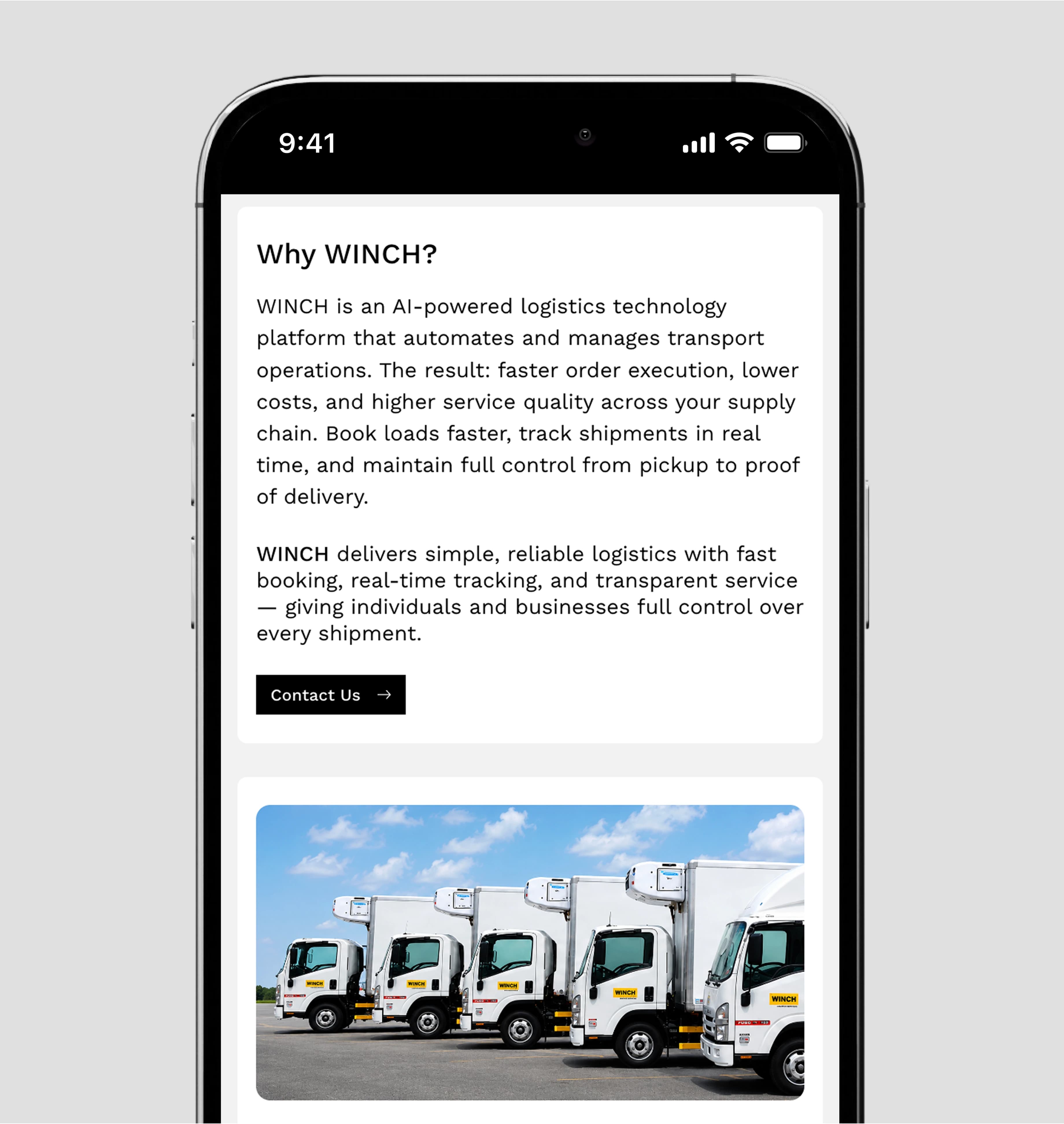A black-framed phone on a grey ground showing the mobile Why WINCH? screen, with two paragraphs about an AI-powered logistics platform, a black Contact Us button and a photograph of five white WINCH box trucks under a blue sky.