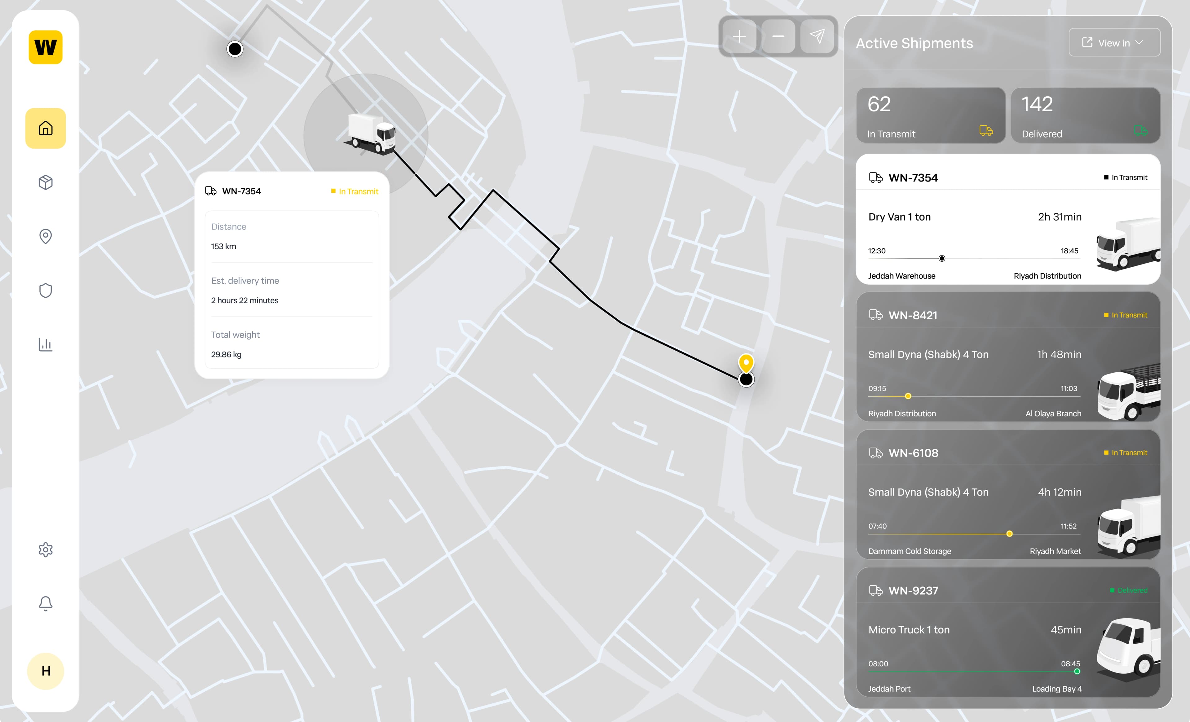 The WINCH shipment-tracking console, showing a street map with a plotted delivery route and a truck marker beside a floating card for shipment WN-7354, and an Active Shipments panel listing 62 in transit and 142 delivered above four shipment rows.