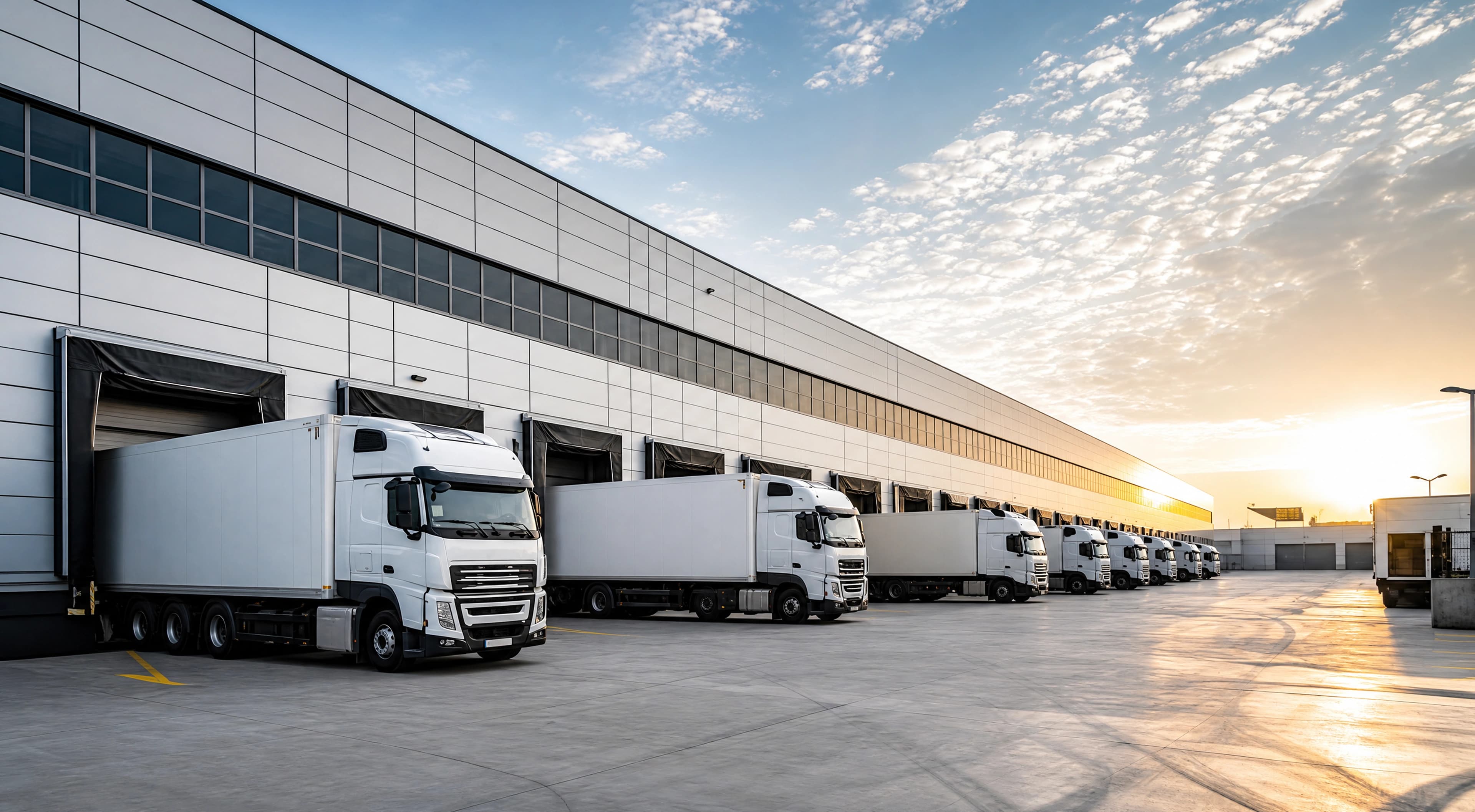 A WINCH depot at golden hour, with a long row of white box trucks backed into the loading docks of a grey warehouse that recedes to the right across a concrete apron, the sun low at the horizon.