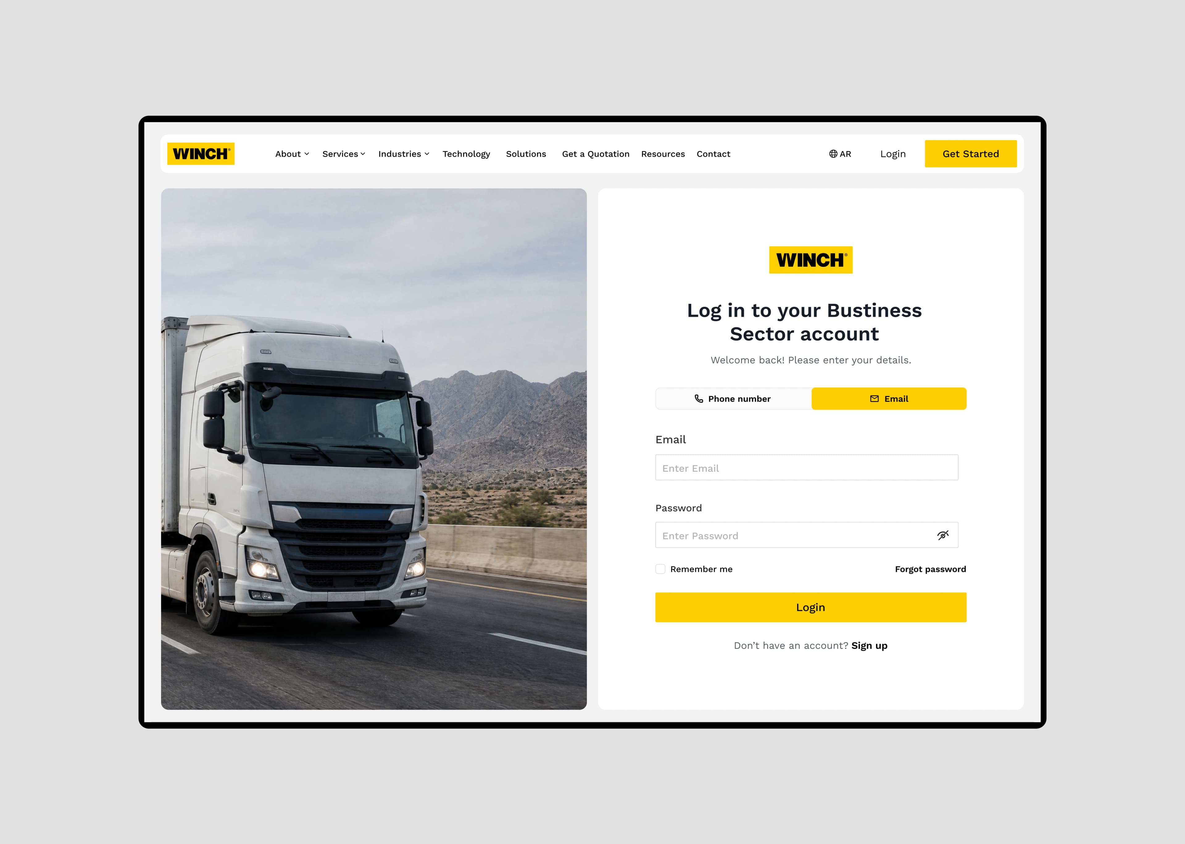 The WINCH website login page in a browser frame, with a yellow navigation bar above a photograph of a white truck on the left and a sign-in panel on the right holding a phone and email toggle, email and password fields, a remember-me checkbox and a yellow Login button.