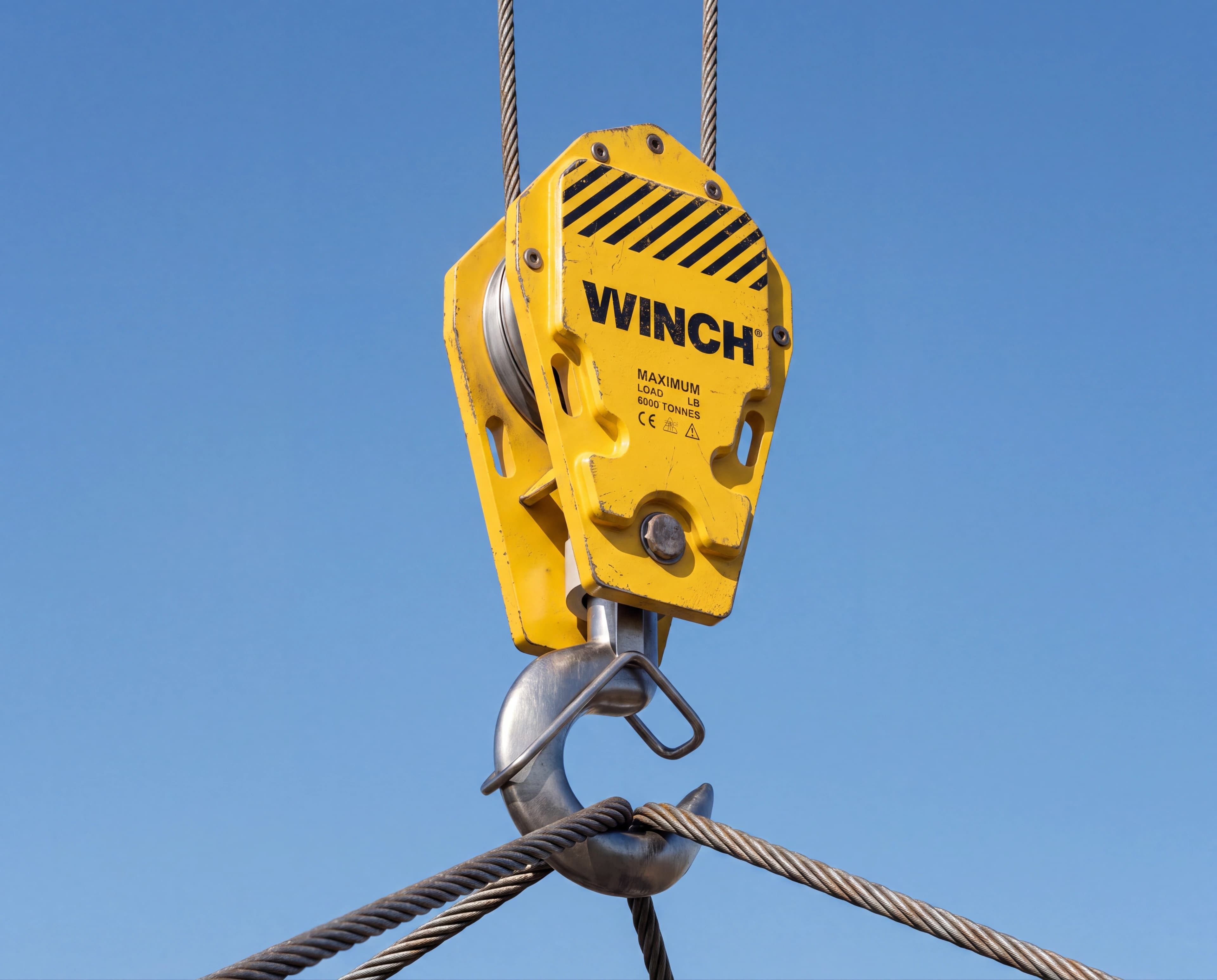A yellow industrial winch hook block with hazard striping and a steel hook, hanging on cables against a clear deep blue sky, its body carrying the WINCH wordmark and a maximum-load plate.