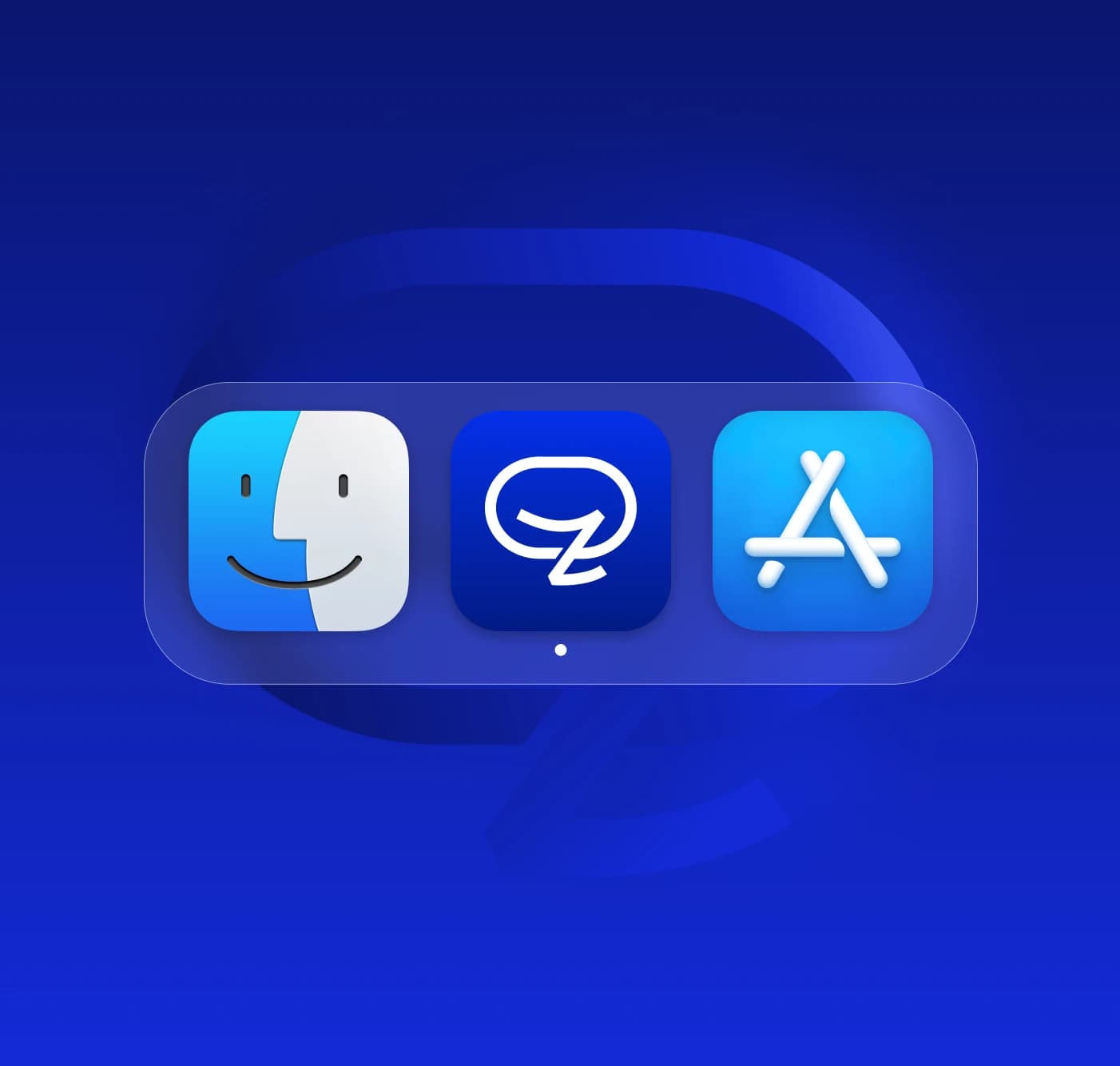 A frosted-glass macOS dock holding the Finder, Zakichat and App Store icons with a running-app dot, framed for desktop, floating on a deep blue ground over an oversized ghosted mark whose lower swoosh sweeps out beneath the dock.