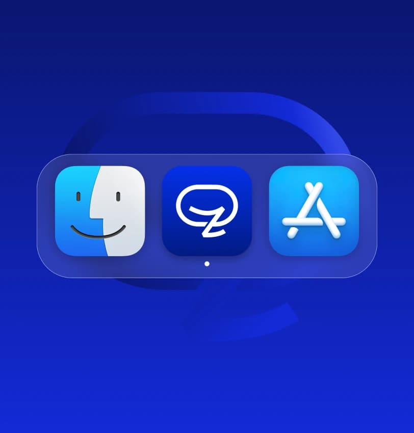A frosted-glass macOS dock holding the Finder, Zakichat and App Store icons with a running-app dot, framed for small screens, floating on a deep blue ground over an oversized ghosted mark.