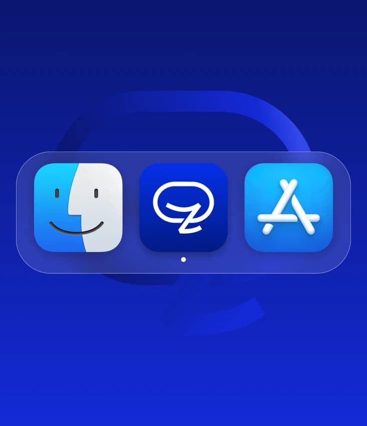 A frosted-glass macOS dock holding the Finder, Zakichat and App Store icons with a running-app dot, framed for tablet, floating on a deep blue ground over an oversized ghosted mark.