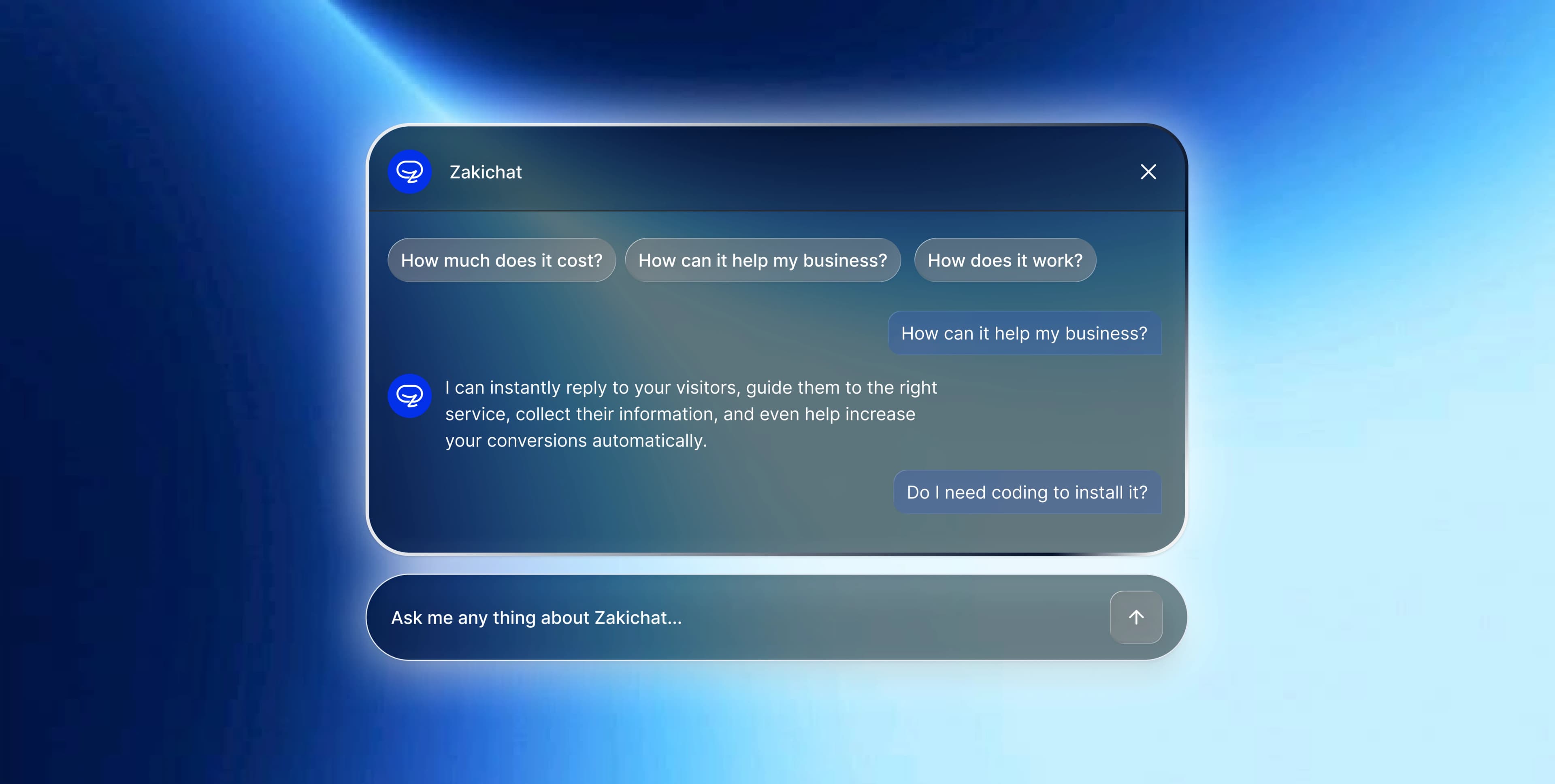 Zakichat — chat widget (desktop) A floating dark glass Zakichat chat panel on a blue light-streak gradient, framed for desktop, showing the header with a close button, three suggested-question chips, user and agent message bubbles, and a detached composer pill reading Ask me any thing about Zakichat with a circular send button.