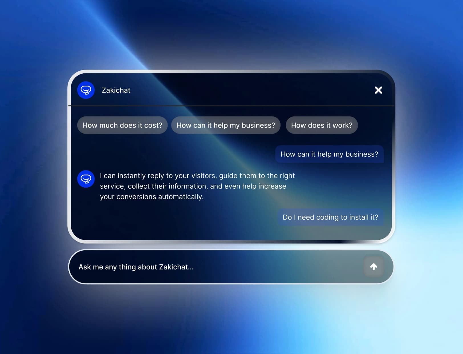 Zakichat — chat widget (portrait) A floating dark glass Zakichat chat panel on a blue light-streak gradient, framed for small screens, showing the header with a close button, three suggested-question chips, user and agent message bubbles, and a detached composer pill with a circular send button.