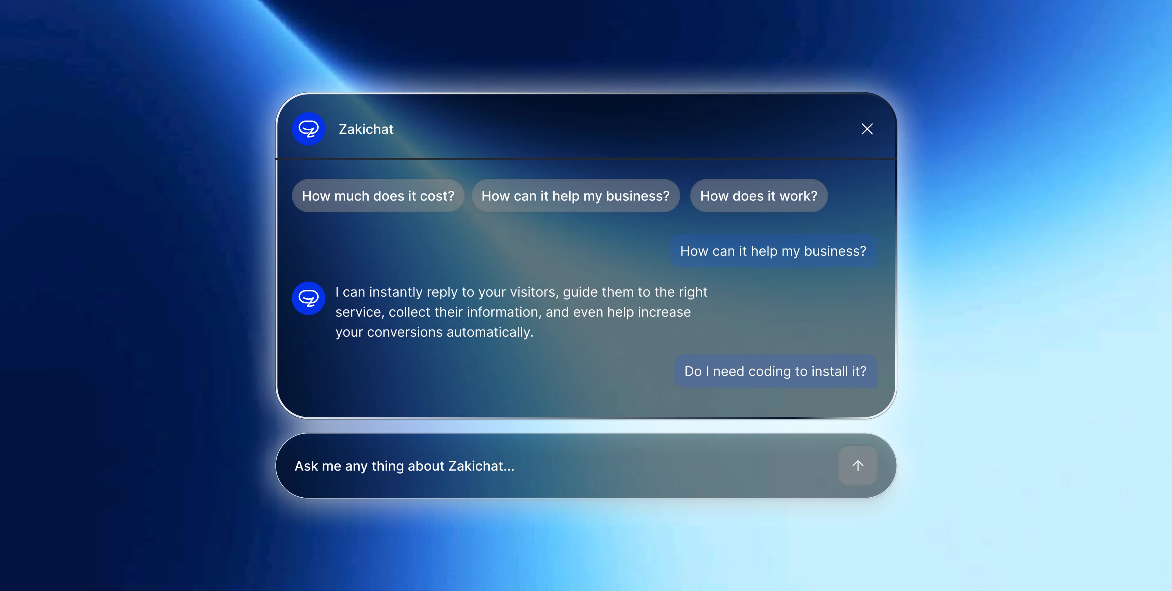 Zakichat — chat widget (wide) A floating dark glass Zakichat chat panel on a blue light-streak gradient showing the header with a close button, three suggested-question chips, user and agent message bubbles, and a detached composer pill reading Ask me any thing about Zakichat with a circular send button.