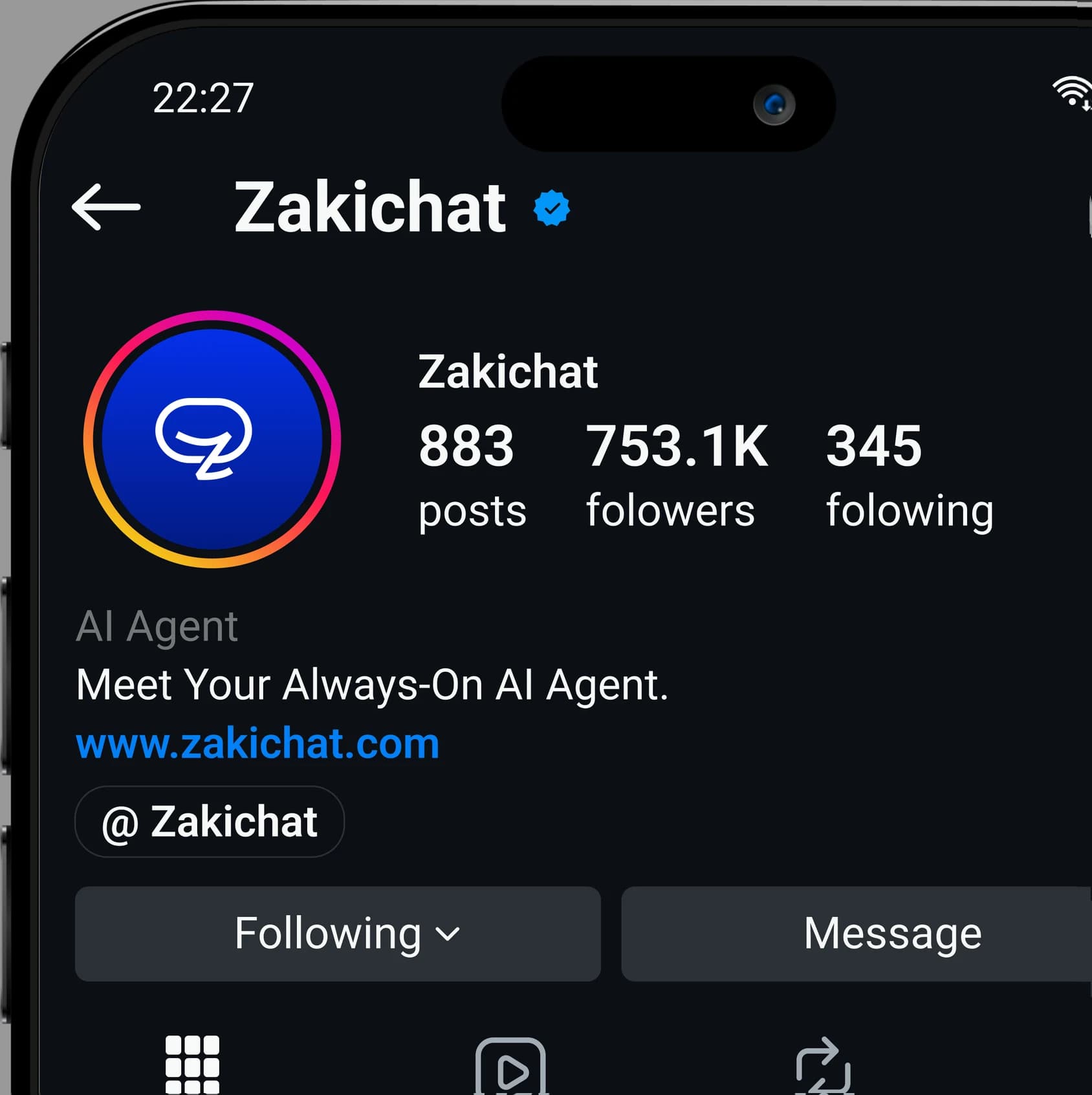 Zakichat — Instagram profile A dark phone showing the Zakichat Instagram profile with a gradient-ring avatar, 883 posts, 753.1K followers and 345 following, the bio Meet Your Always-On AI Agent, the www.zakichat.com link and Following and Message buttons.