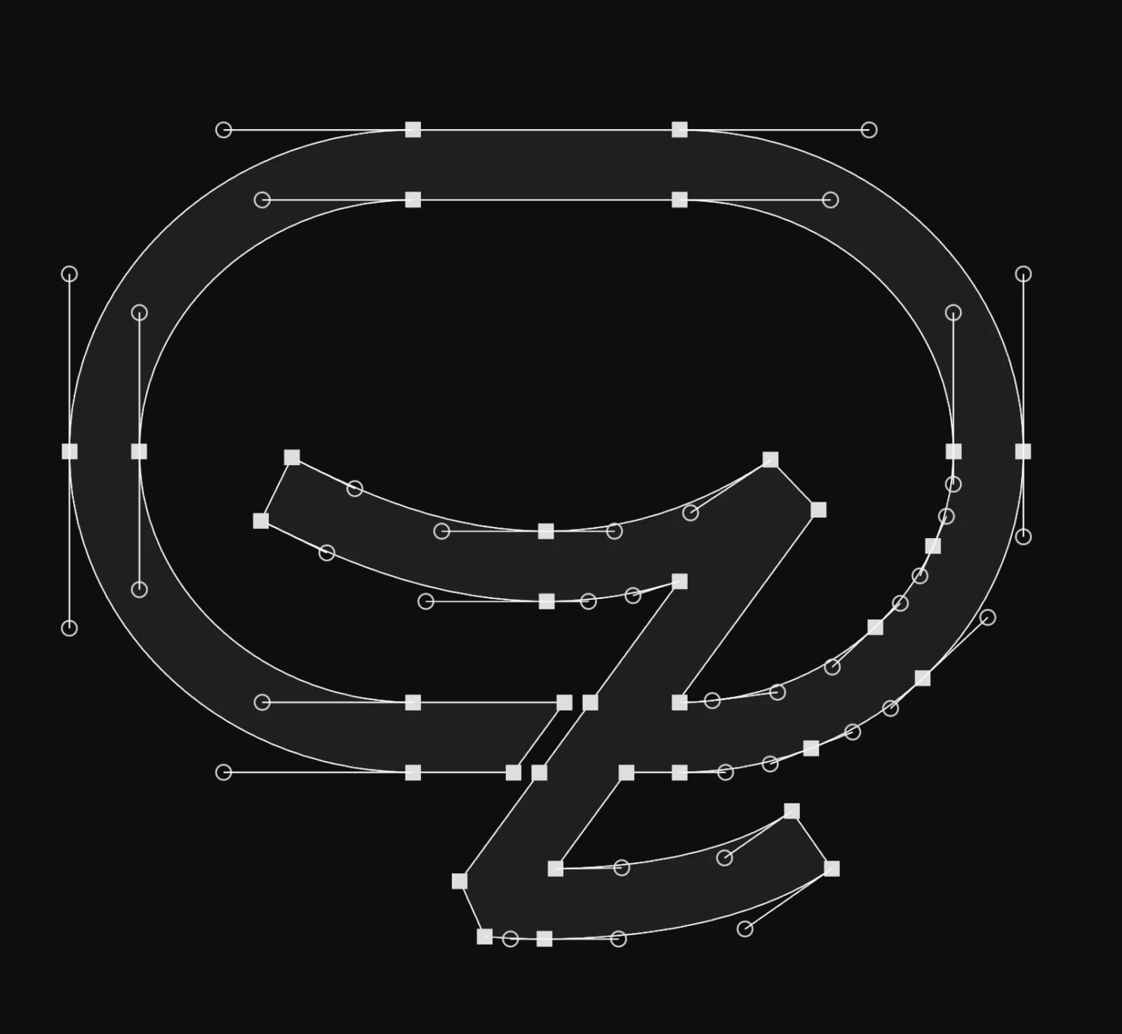 Zakichat — logo construction drawing The Zakichat speech-bubble Z mark drawn as a white wireframe with bezier anchor points, control handles and measurement guides, horizontally compressed as the design draws it, on a near-black panel.
