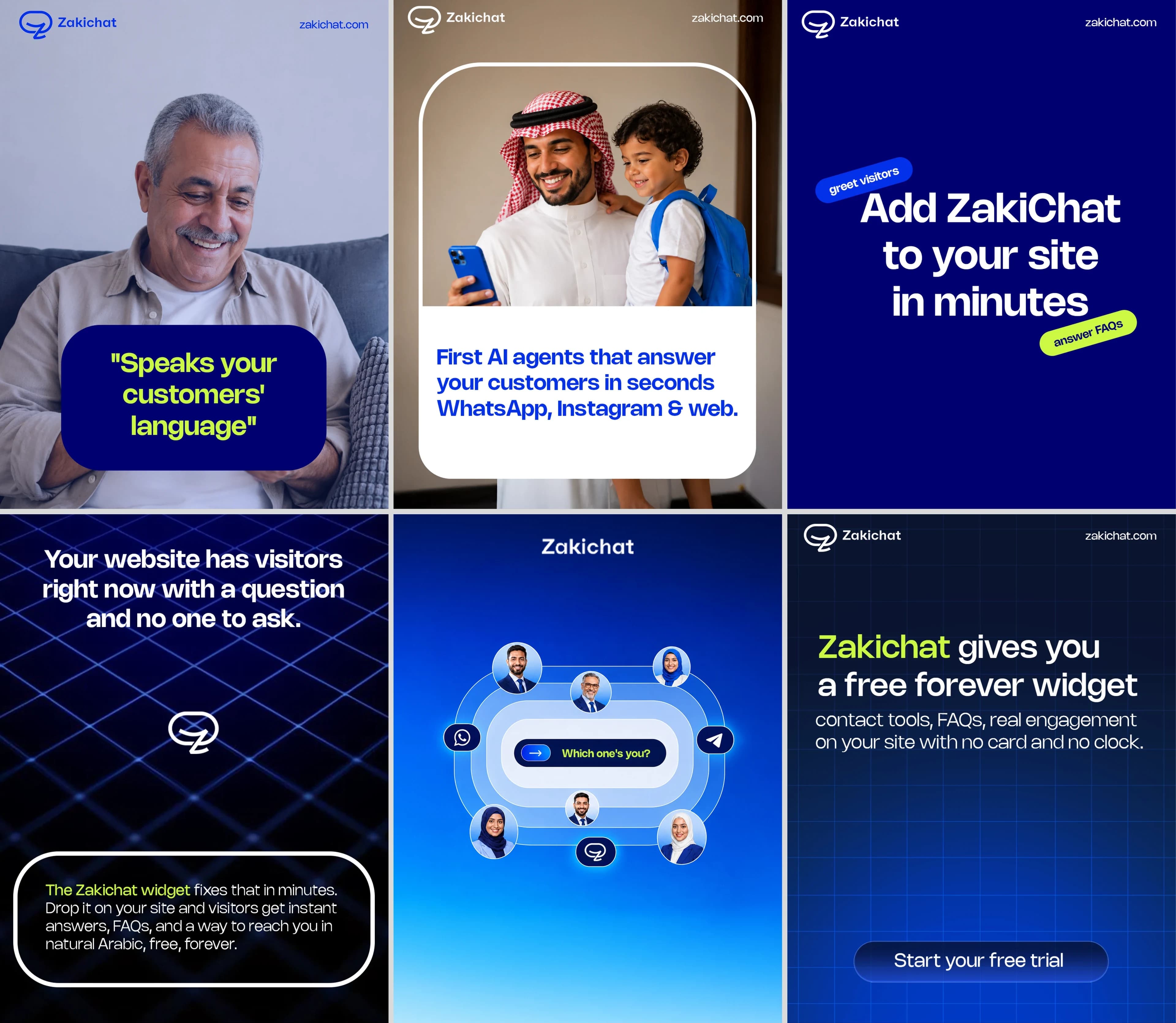 Zakichat — social ad campaign grid Six Zakichat social ad creatives as a three-by-two grid, each carrying the lockup and zakichat.com. Row one: a smiling older man behind the quote Speaks your customers' language, a father and son with a phone under the line First AI agents that answer your customers in seconds, and a blue Add ZakiChat to your site in minutes tile with greet visitors and answer FAQs pills. Row two: Your website has visitors right now with a question and no one to ask, a widget diagram ringed with customer avatars, and Zakichat gives you a free forever widget.